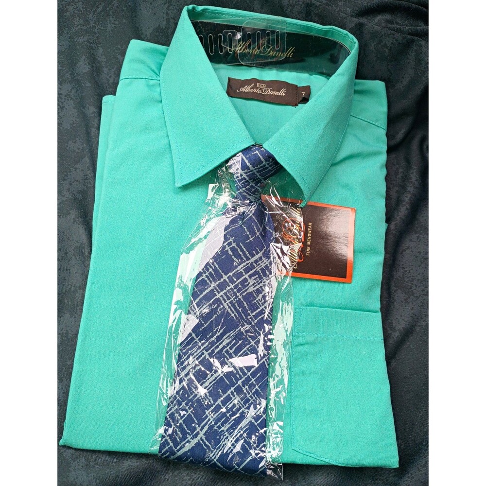 Alberto Danelli Solid Green Long Sleeve Dress Shirt With Matching Tie Boys Sz 7